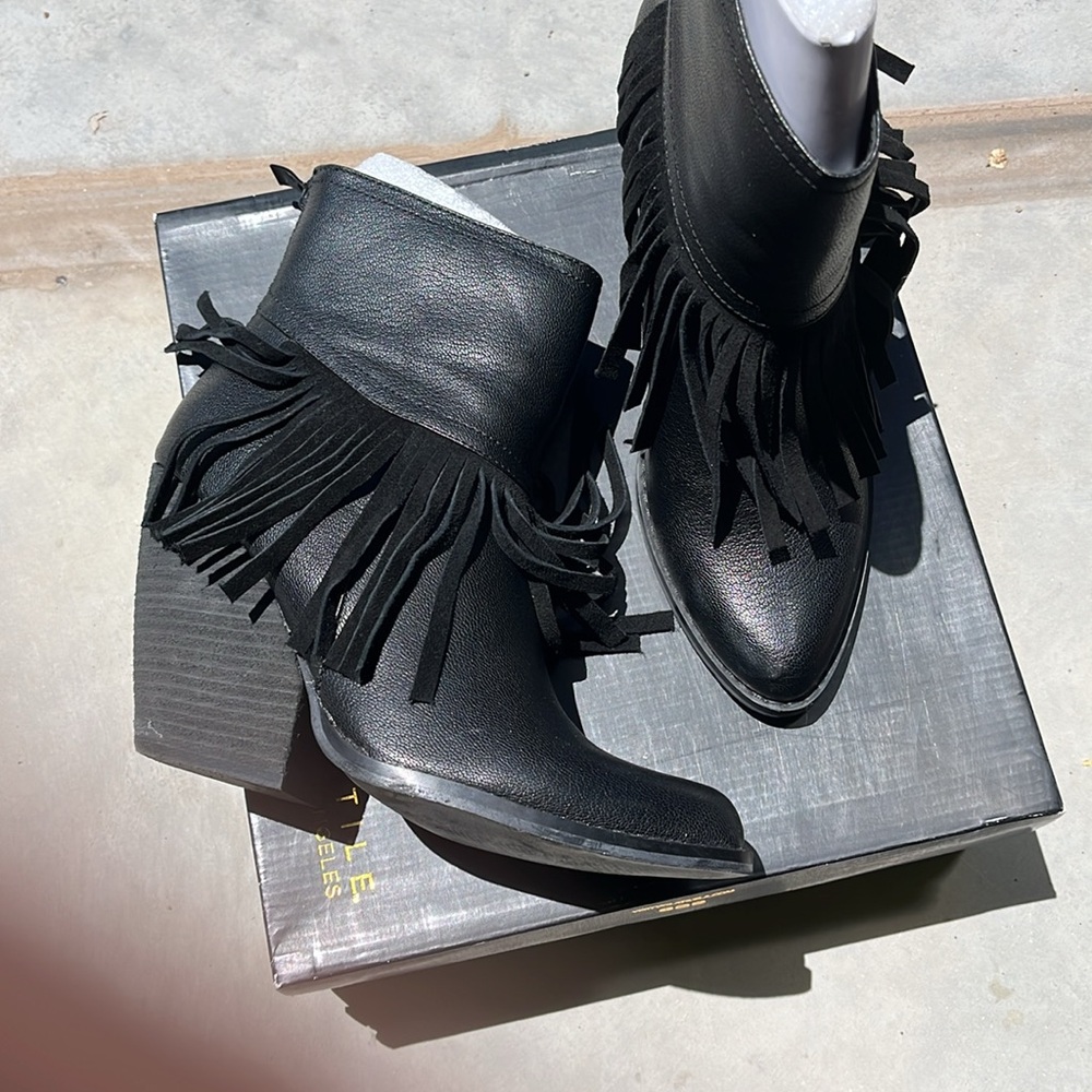 Very Volatile Black Cowboy Booties with Suede Fringe